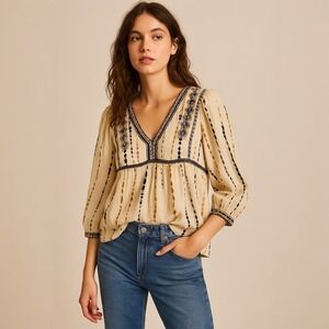 Ba&sh‎ Women Top S SS24 Sold Out Boho Embroidered Peasant Blouse Vanille $350
